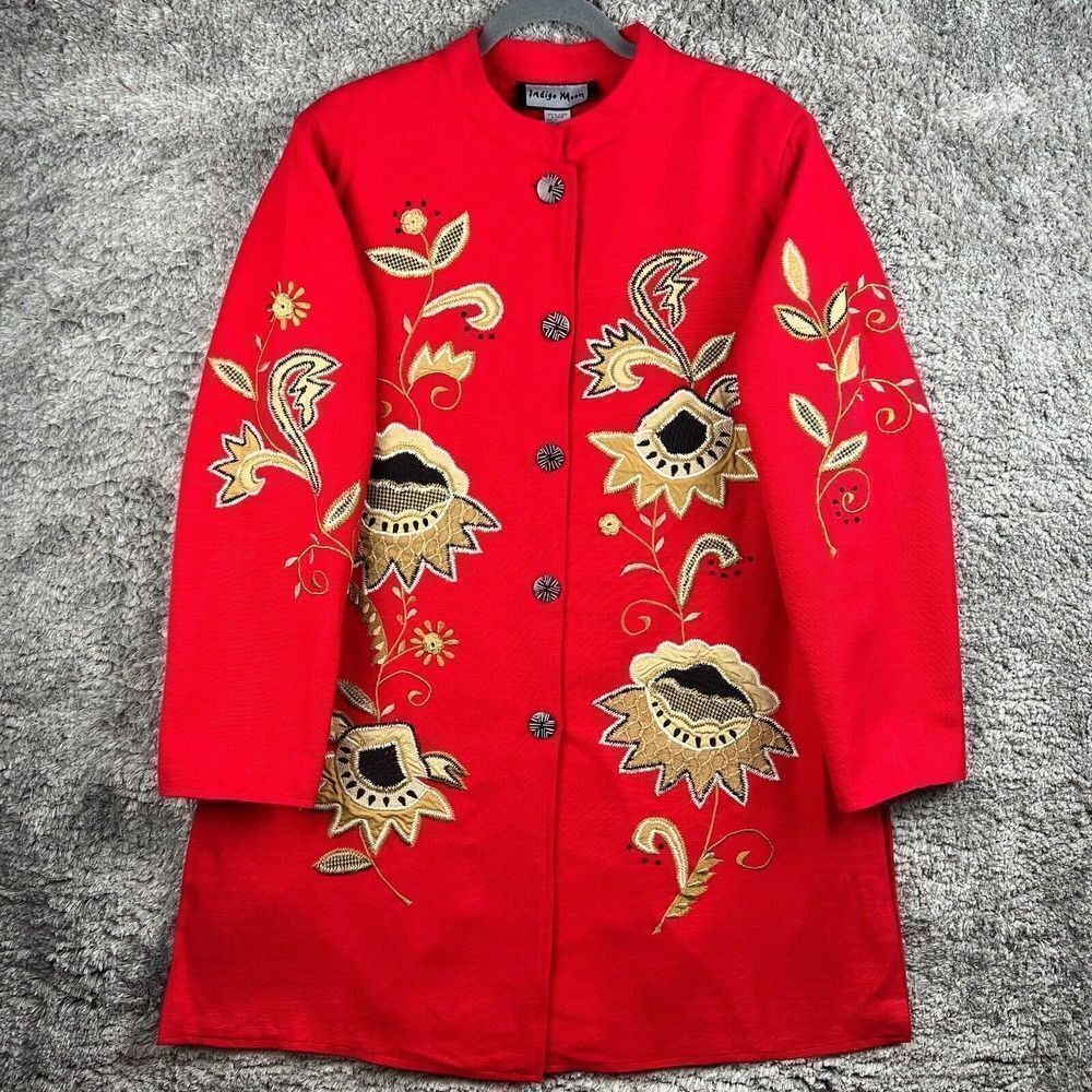 Indigo Moon Long Duster Jacket Red Embroidered Appliqued Artsy Blazer Large
